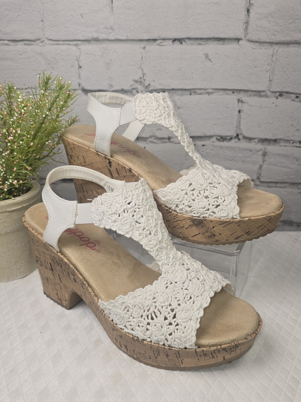 JELLYPOP SABINA SANDAL CROCHET IN CREAM BOHO CORK-WRAPPED WEDGE 10